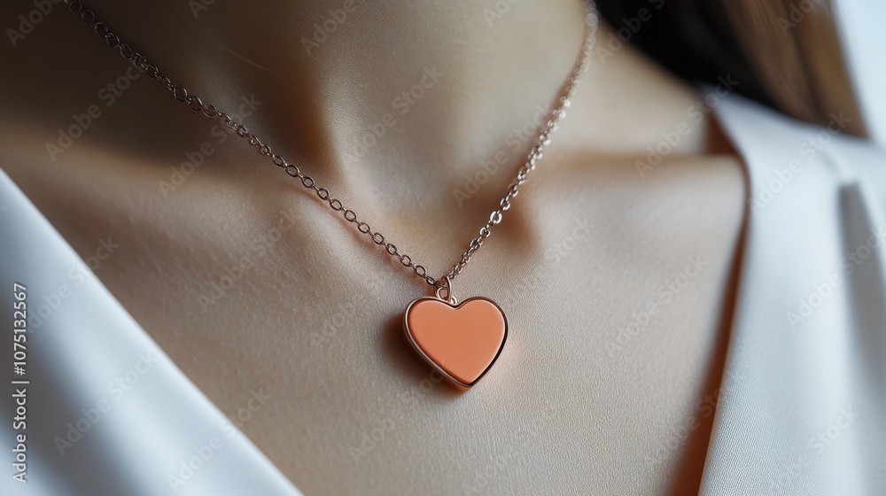 A delicate heart necklace rests gently against the neckline of a woman dressed in elegant attire, illuminated by soft light
