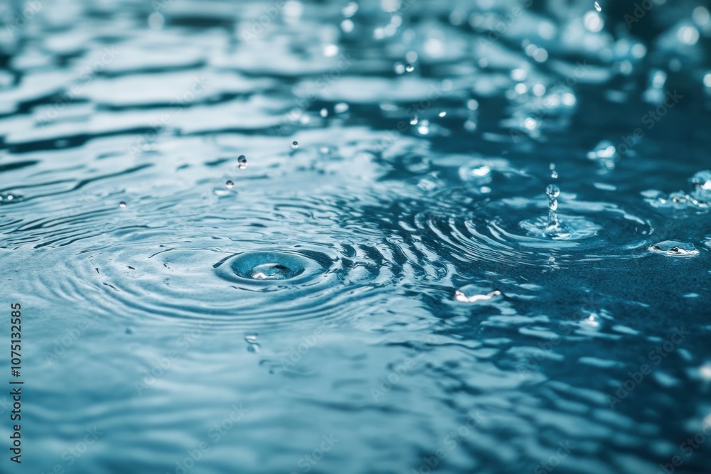 A serene scene of raindrops gently falling on a calming blue surface, with ripples forming as they make contact. The droplets create a soothing visual effect A serene scene of raindrops gently falling on a calming blue surface, with ripples forming as they make contact. The droplets create a soothing visual effect