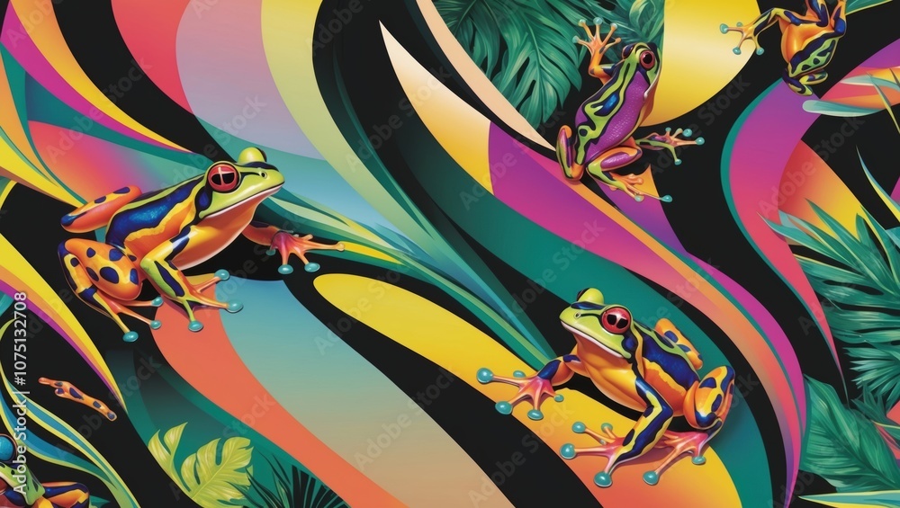 Obraz premium Vibrant Abstract Art with Colorful Frogs and Tropical Leaves