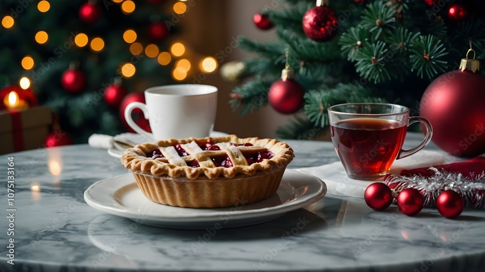 delicious and fragrant cake, two cups of tea on the table against the background of a Christmas tree. The tree is decorated with toys, bokeh effect, New Year's theme delicious and fragrant cake, two cups of tea on the table against the background of a Christmas tree. The tree is decorated with toys, bokeh effect, New Year's theme