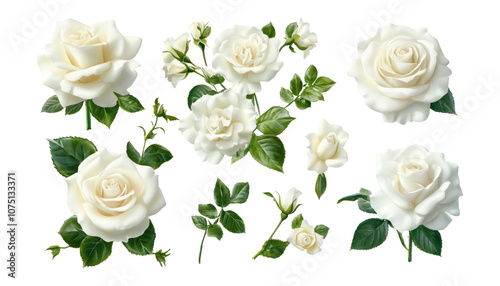 Fototapeta Naklejka Na Ścianę i Meble -  set of white rose flowers isolated on transparent background cutout