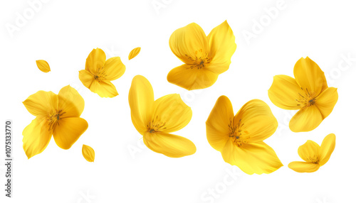 flying yellow petals isolated on transparent background cutout