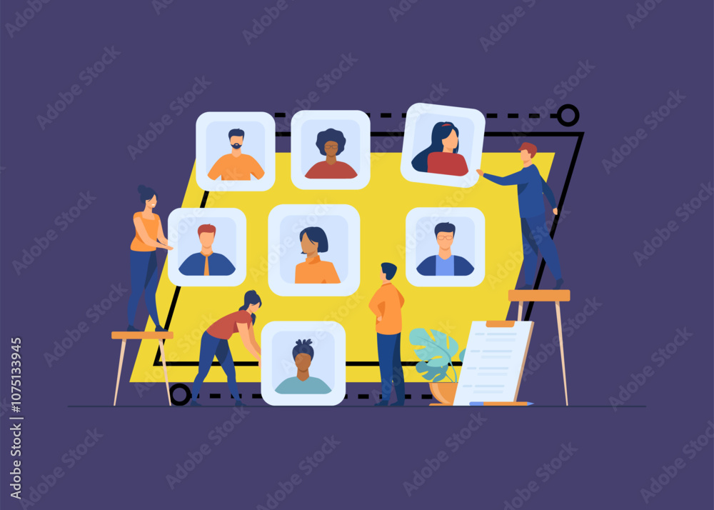 Obraz premium Employers choosing candidates for job interview. HR professionals analyzing applicant or employee profiles. Vector illustration for recruit agency, career, business, employment concept