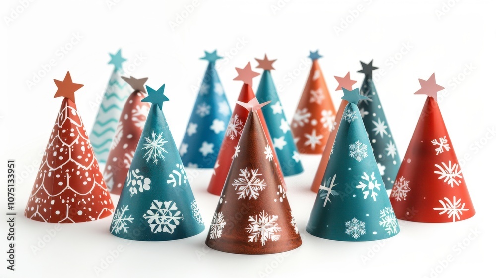 A set of Christmas party hats with snowflake patterns, isolated on white A set of Christmas party hats with snowflake patterns, isolated on white