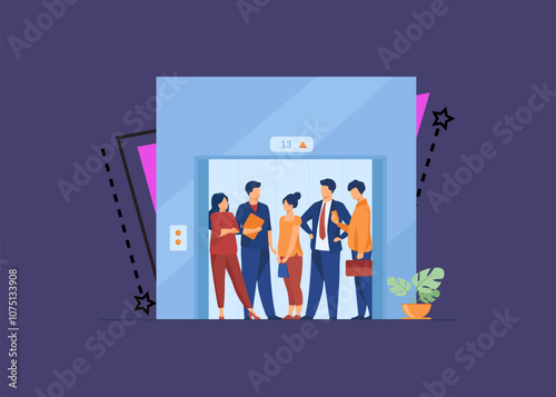 Employees using office building lift. Business people standing inside elevator cabin with open doors. Vector illustration for architecture, business interior, urban style concept