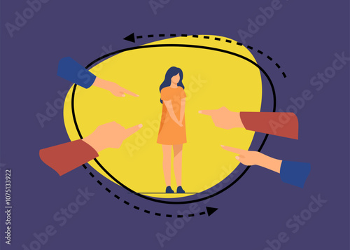 Depressed sad woman standing as victim flat vector illustration. Surrounded girl and fingers pointing at her. Conviction, indictment and social denunciation concept.
