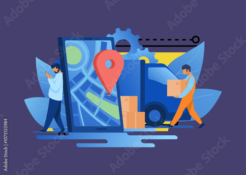 Delivery man and recipient who leaning on smartphone with pin. Door to door delivery by courier flat vector illustration. Delivery service concept for banner, website design or landing web page