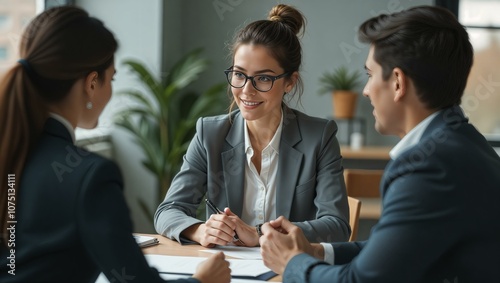 A bussinesswoman leading a meeting with her team, a female financial advisor collaborating with team members or consulting clients.