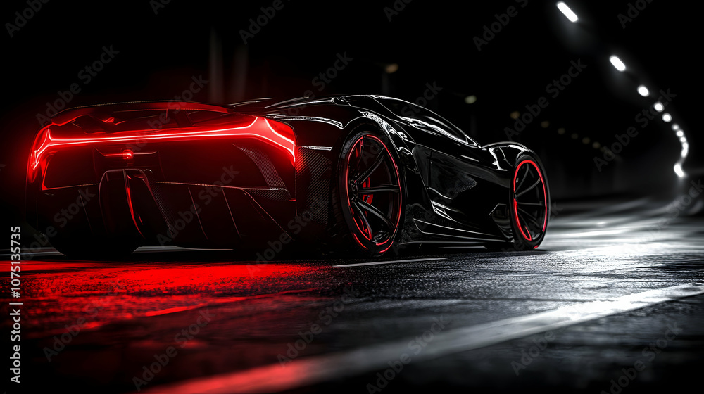 Naklejka premium 3D Sports Car Night Drive Illustration - Black Car, Red Lights, Dark Road