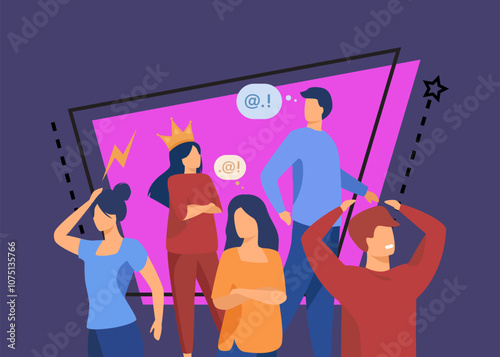 Group of people with problem behavior. Arrogant, angry, bored, selfish, proud man and woman failing in communication. Vector illustration for society, social skills concept