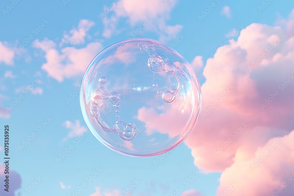 Dreamy Soap Bubble Floating Amidst Pink Clouds in a Soft Sky. AI generated illustration Dreamy Soap Bubble Floating Amidst Pink Clouds in a Soft Sky. AI generated illustration