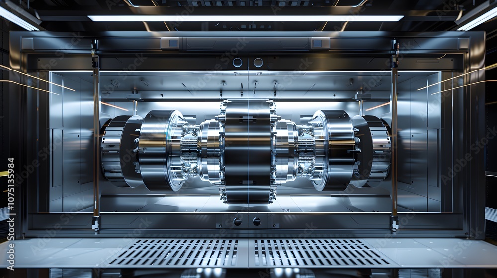 Obraz premium A machine with a large metal cylinder inside. The machine is in a dark room. The cylinder is silver and has a shiny surface
