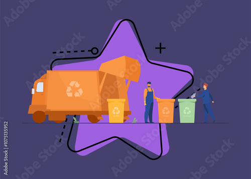 Garbage collector cleaning waste bin flat vector illustration. Cartoon man putting rubbish for recycling. Service and disposal industry concept.
