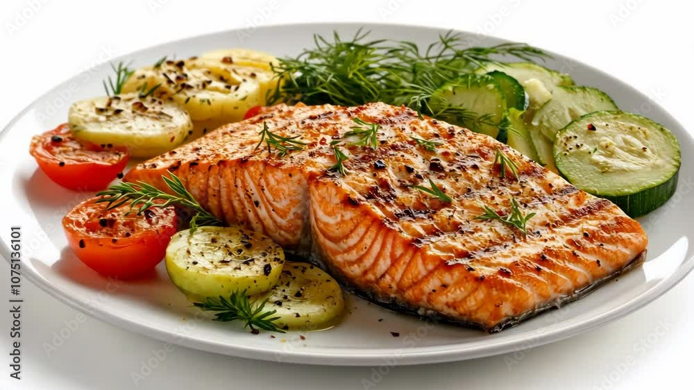 A grilled salmon fillet with vegetables is served on a white plate A grilled salmon fillet with vegetables is served on a white plate