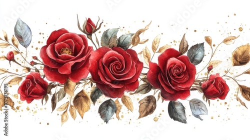 Vibrant red roses intertwining with golden leaves create a stunning floral arrangement perfect for any celebration
