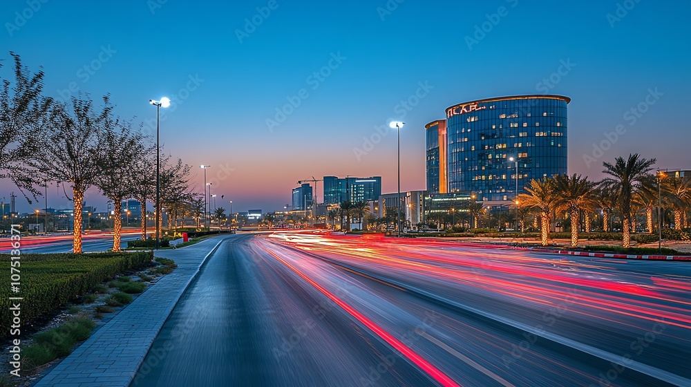 Fototapeta premium A long exposure shot of a city street at dusk with streaking car lights and modern buildings in the background.