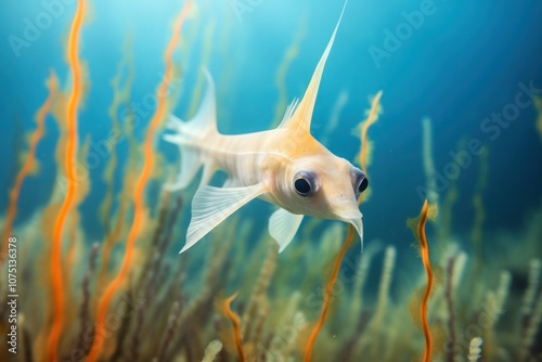 An underwater portrait of a ribbon sawtail fish, with its distinctive elongated shape and striking coloration prominently displayed against a blurred background of soft corals and seaweed.