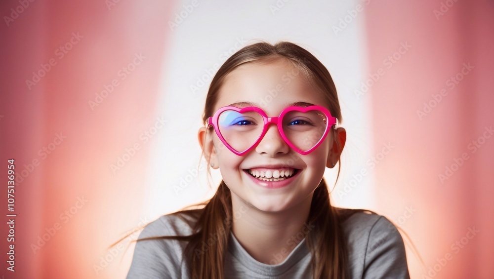 Happy girl with heart-shaped pink glasses Happy girl with heart-shaped pink glasses