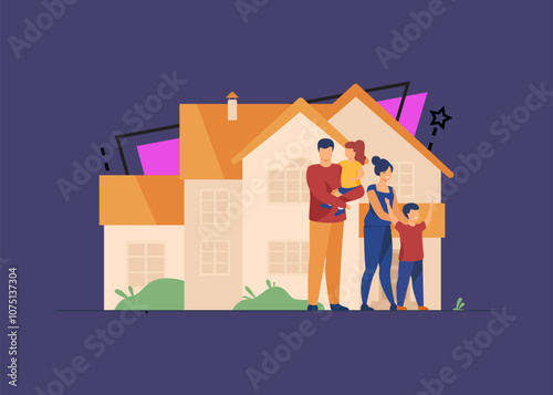 Happy family standing together in front of house flat vector illustration. Cartoon people posing for picture outside. Happiness and love concept.