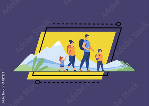 Happy active family walking outdoors. Couple of tourists with children hiking, carrying camping backpacks. Vector illustration for holiday, mountain trekking, activity, lifestyle concept