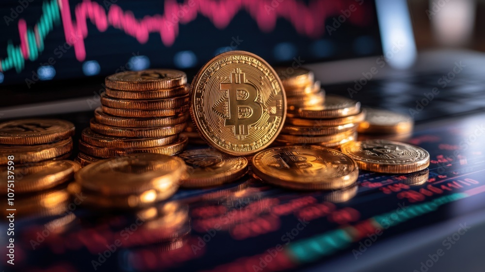 Golden bitcoins stacked on a laptop keyboard with fluctuating cryptocurrency market graphs in the backdrop during a trading session Golden bitcoins stacked on a laptop keyboard with fluctuating cryptocurrency market graphs in the backdrop during a trading session