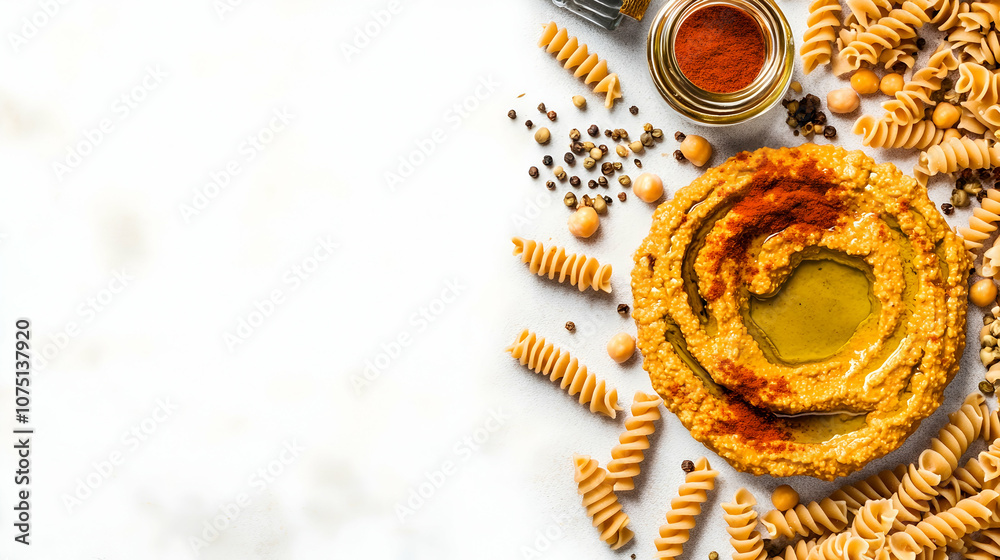 Naklejka premium Hummus with Pasta and Spices, chickpea, tahini, olive oil, paprika, pepper