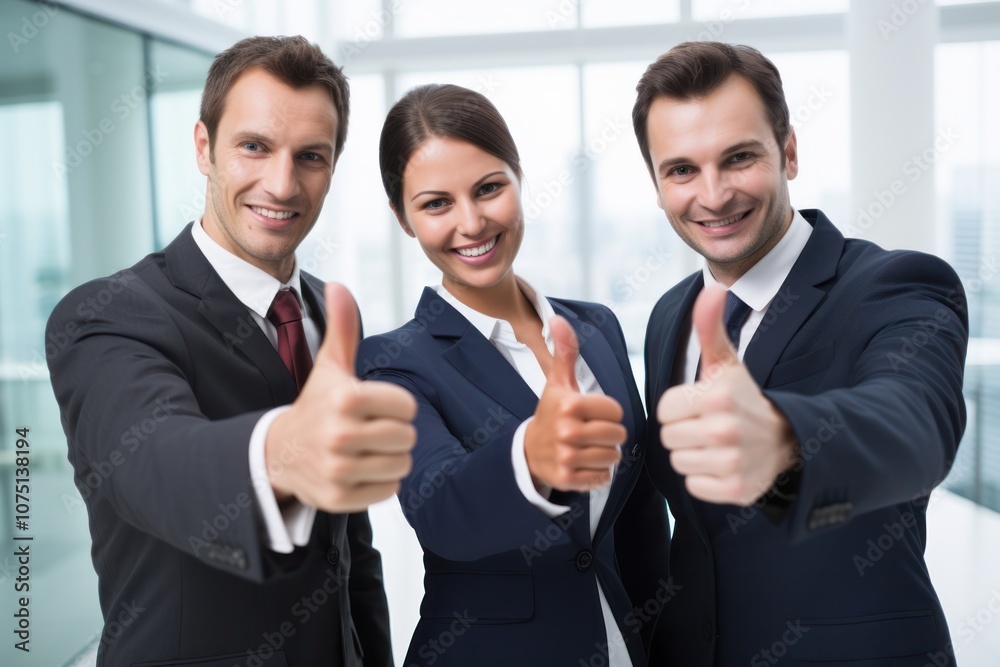 Group of three smiling business individuals standing together in a contemporary office, each giving a thumbs up gesture to convey thank you and success Group of three smiling business individuals standing together in a contemporary office, each giving a thumbs up gesture to convey thank you and success