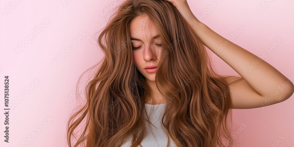 A woman with long brown hair is standing in front of a pink background. She has her hair in a messy bun and is looking at the camera A woman with long brown hair is standing in front of a pink background. She has her hair in a messy bun and is looking at the camera