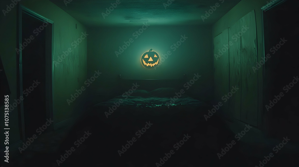 Halloween Bedroom with Jack-o-Lantern Light, spooky, scary, creepy, dark, shadows Halloween Bedroom with Jack-o-Lantern Light, spooky, scary, creepy, dark, shadows