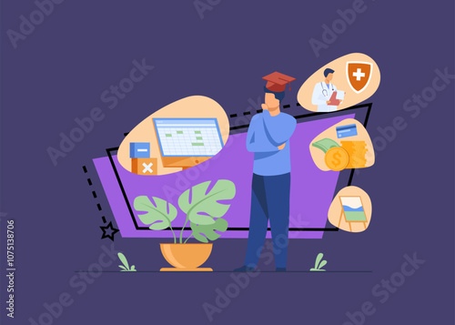 Male student choosing program in college. Young man in graduation cap thinking over future occupation. Vector illustration for opportunities, career advisor, choice concept