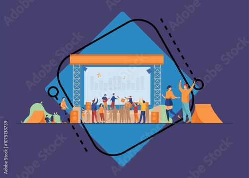 Happy people having fun at rock concert flat vector illustration. Open festival at fresh air. Musicians playing music at park. Lifestyle, music and entertainment concept.