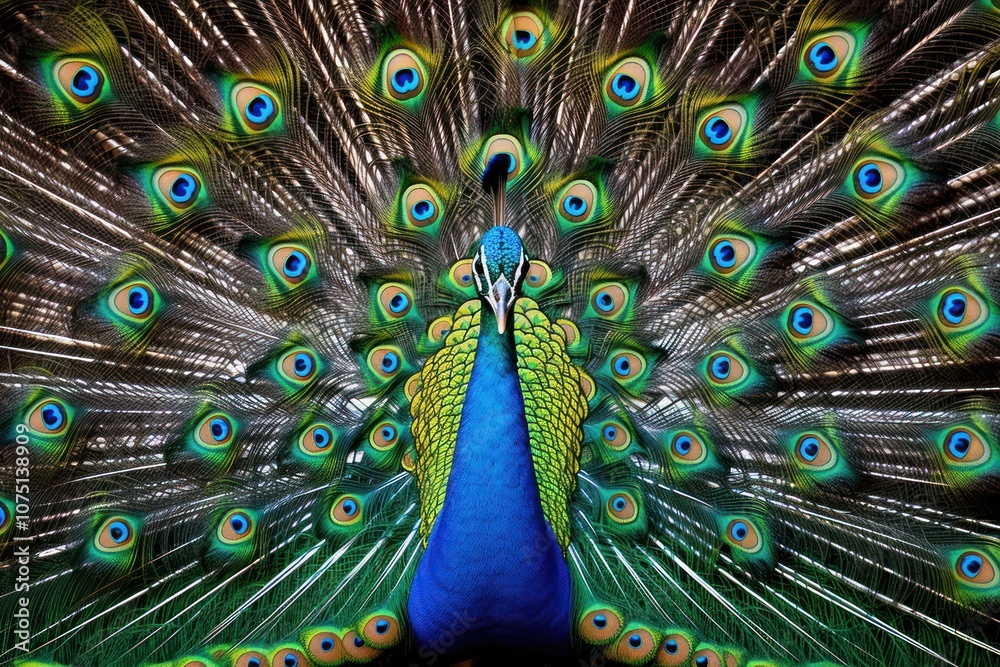 Obraz premium Striking close-up portrait of a male peacock with its magnificent tail feathers fully displayed, featuring a spectacular array of blue, green, and gold hues.