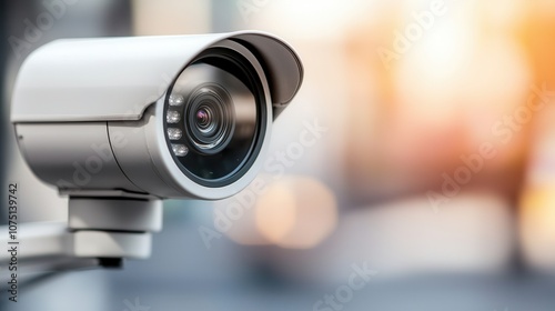 A modern surveillance camera captures details in an urban setting, highlighting security and monitoring technology.