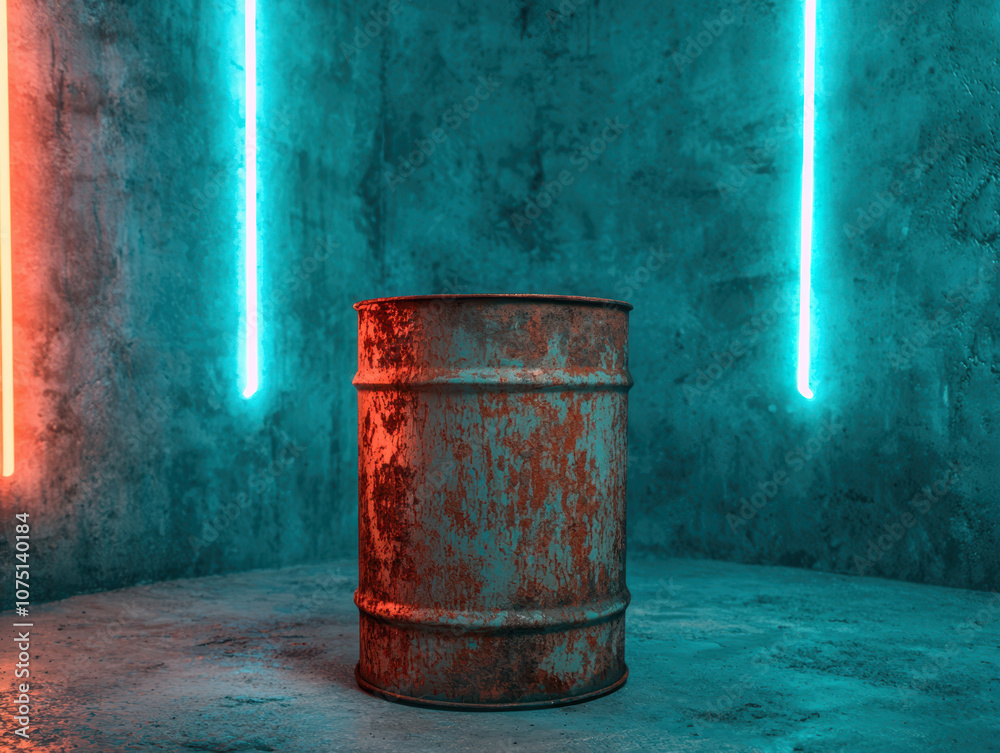 Obraz premium Corroded metal barrel in neon lit industrial setting, evoking mystery