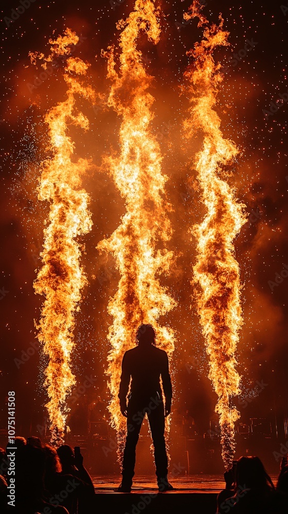 A striking silhouette against vibrant flames, creating a dramatic and energetic atmosphere during a performance. A striking silhouette against vibrant flames, creating a dramatic and energetic atmosphere during a performance.