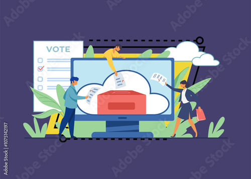 Online or electronic voting. Voters throwing forms into ballot box on monitor flat vector illustration. Election campaign, internet technology concept for banner, website design or landing web page