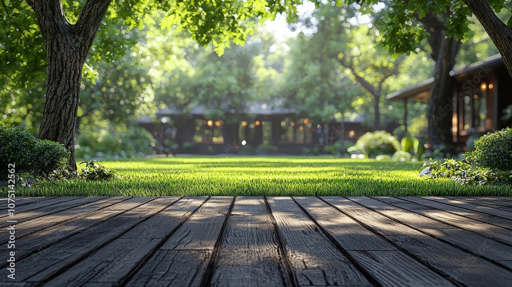 A serene garden view with wooden flooring and lush greenery. A serene garden view with wooden flooring and lush greenery.