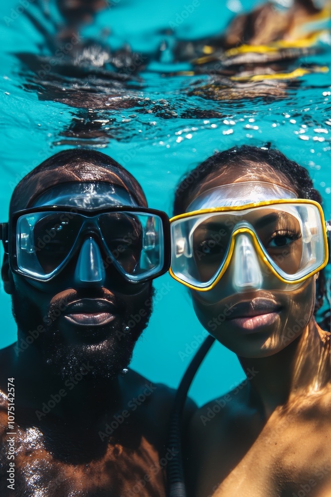 Fototapeta premium Exploring the great outdoors black adventurers thriving in scuba diving and water sports activities