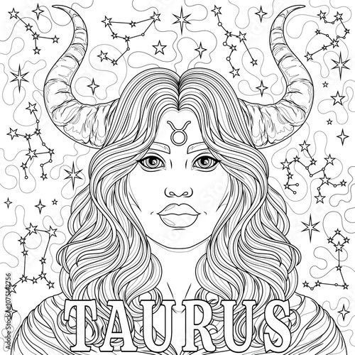 Taurus Woman.Astrological Zodiac Sign.Coloring book antistress for children and adults.