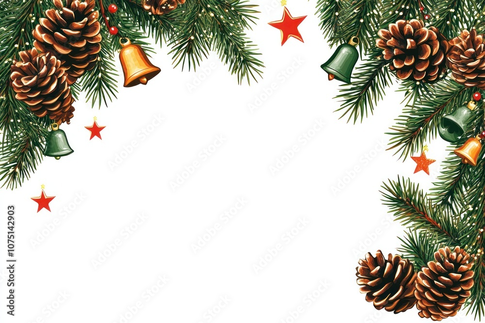 A festive border featuring pinecones, bells, and stars for holiday-themed designs. A festive border featuring pinecones, bells, and stars for holiday-themed designs.
