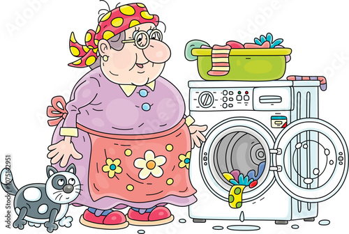 Funny plump elderly housewife with a spotted cat and a home washing machine with washed clothes in a basin, vector cartoon illustration on a white background