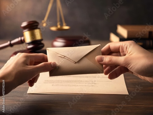 Legal document handoff with envelope and gavel in background. photo