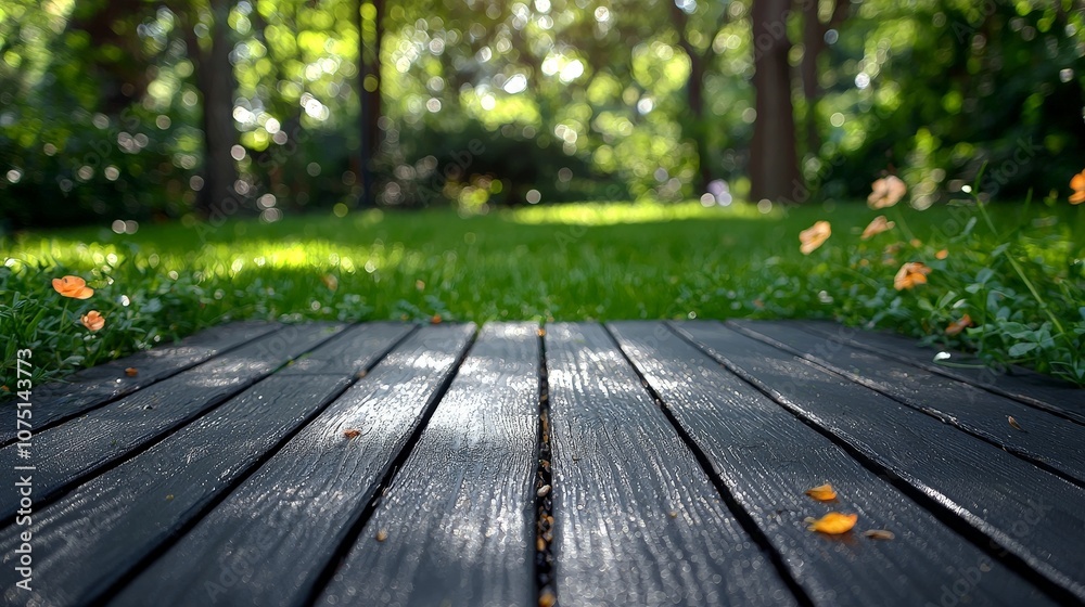A serene garden view with wooden planks and vibrant greenery. A serene garden view with wooden planks and vibrant greenery.