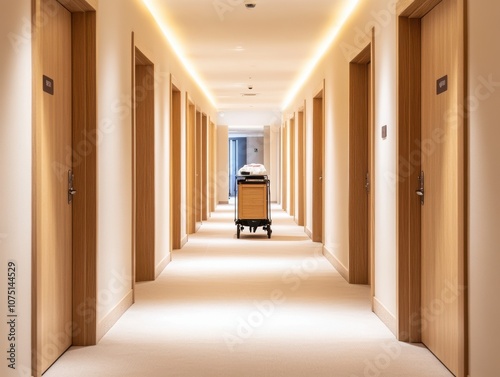 Modern hotel corridor with warm lighting and a service cart.