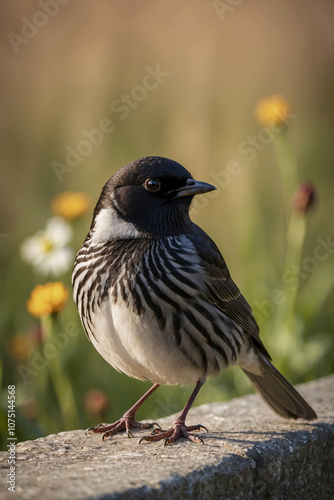 A black and white striped bird perches on a stone wall, with yellow flowers in the background