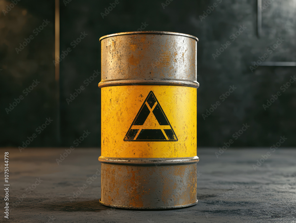 Fototapeta premium yellow barrel with radioactive symbol, indicating caution
