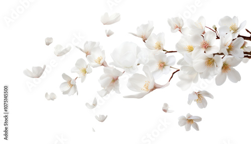 Fototapeta Naklejka Na Ścianę i Meble -  flying white flowers branch isolated on transparent background cutout