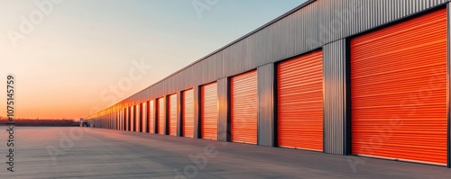 Modern storage facility with bright orange doors and sunset glow.