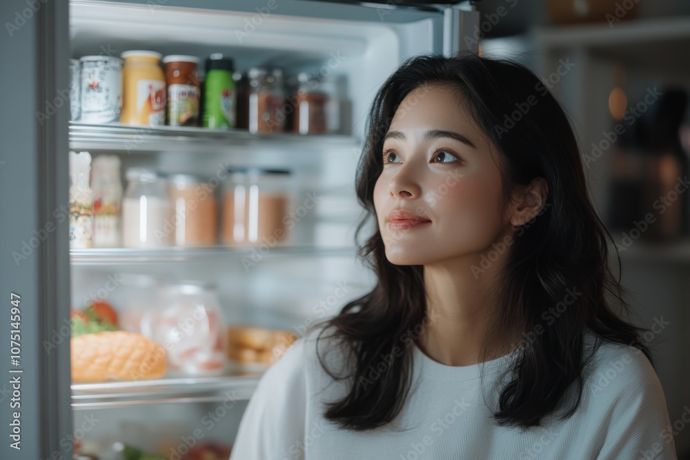 A woman with a joyful expression stands by an open fridge, filled with organized food jars, creating a warm and inviting scene in a well-lit kitchen. A woman with a joyful expression stands by an open fridge, filled with organized food jars, creating a warm and inviting scene in a well-lit kitchen.