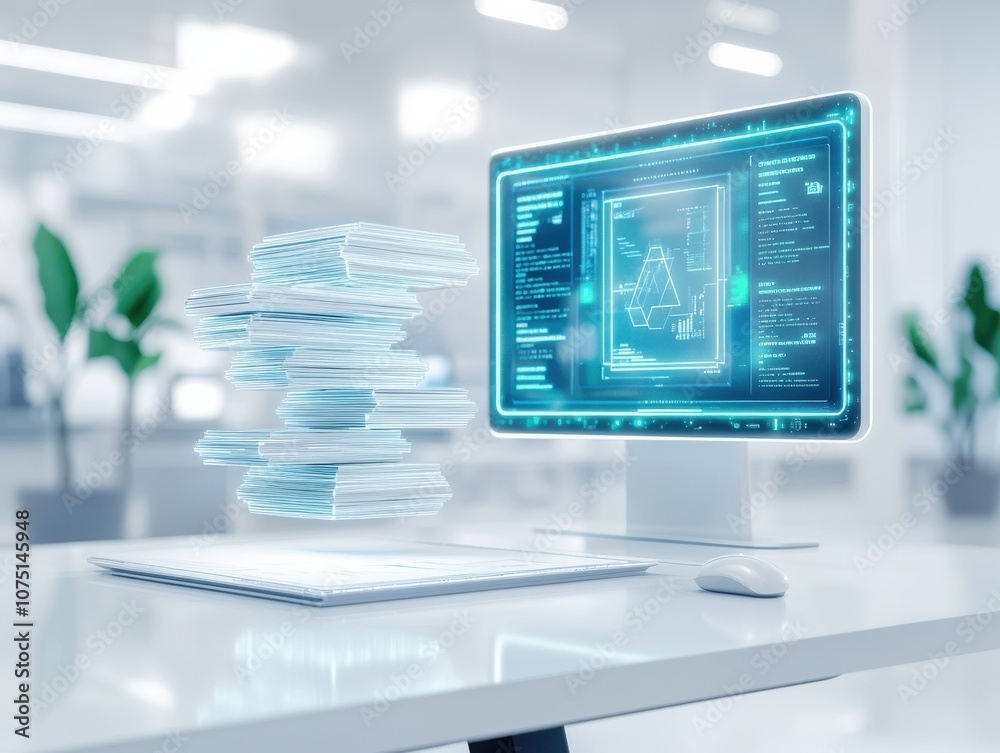 Futuristic office setup with digital documents and computer. Futuristic office setup with digital documents and computer.